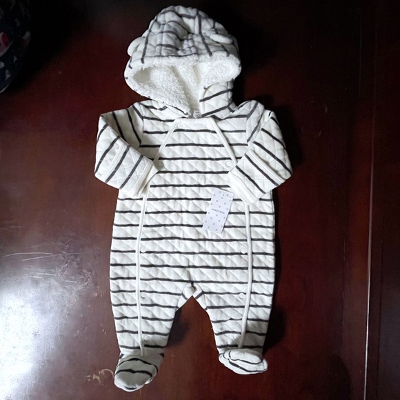 NWT Nordstrom Baby Quilted Hooded Bunting 3M NWT Ivory Stripe Footed One-Piece - Picture 1 of 12